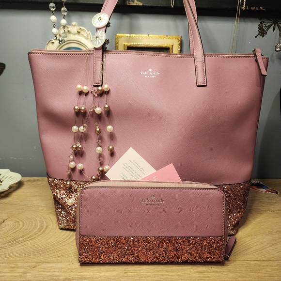 Kate Spade Mauve and Glitter Tote Bag with Wallet - Picture 1 of 14